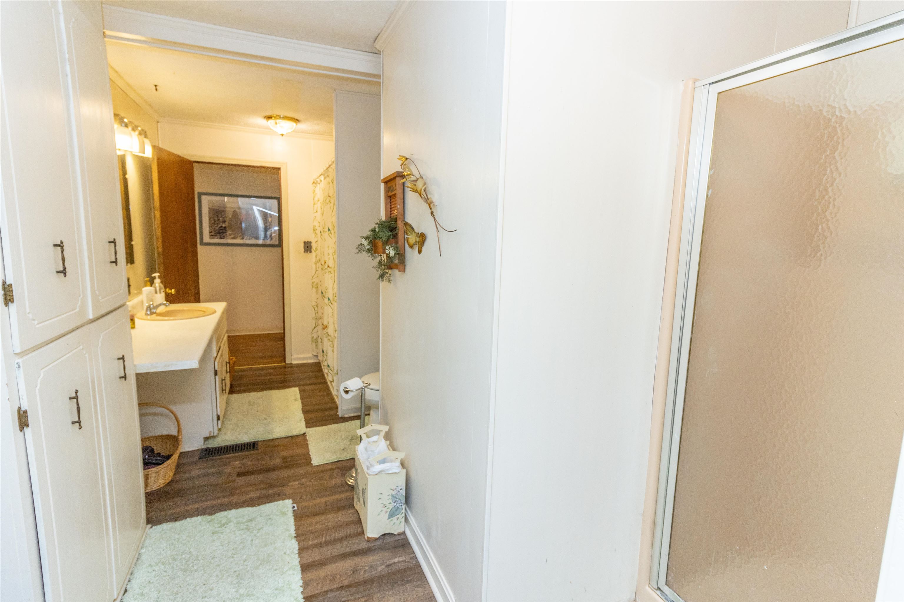 Bathroom with wood-type flooring, curtained shower, toilet, vanity, and crown molding