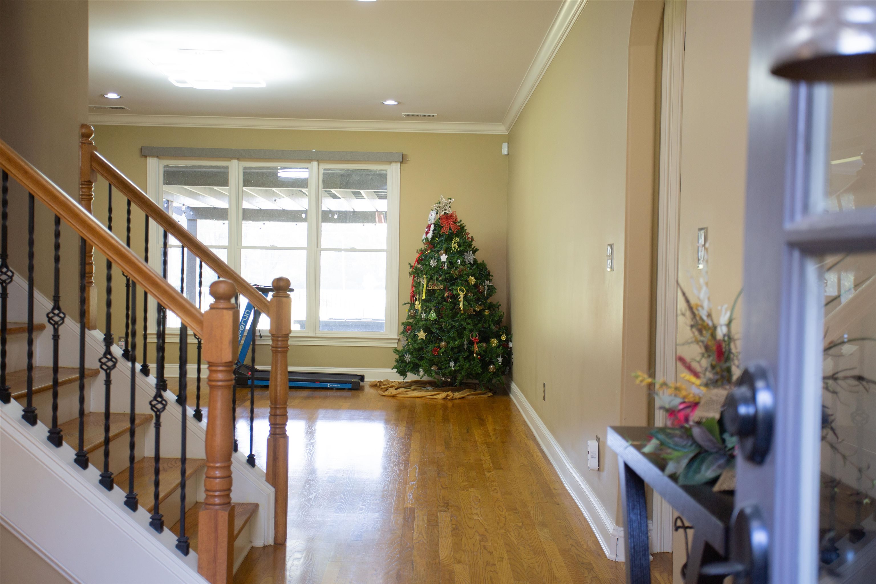 Foyer entrance featuring ornamental molding and light hardwood / wood-style flooring