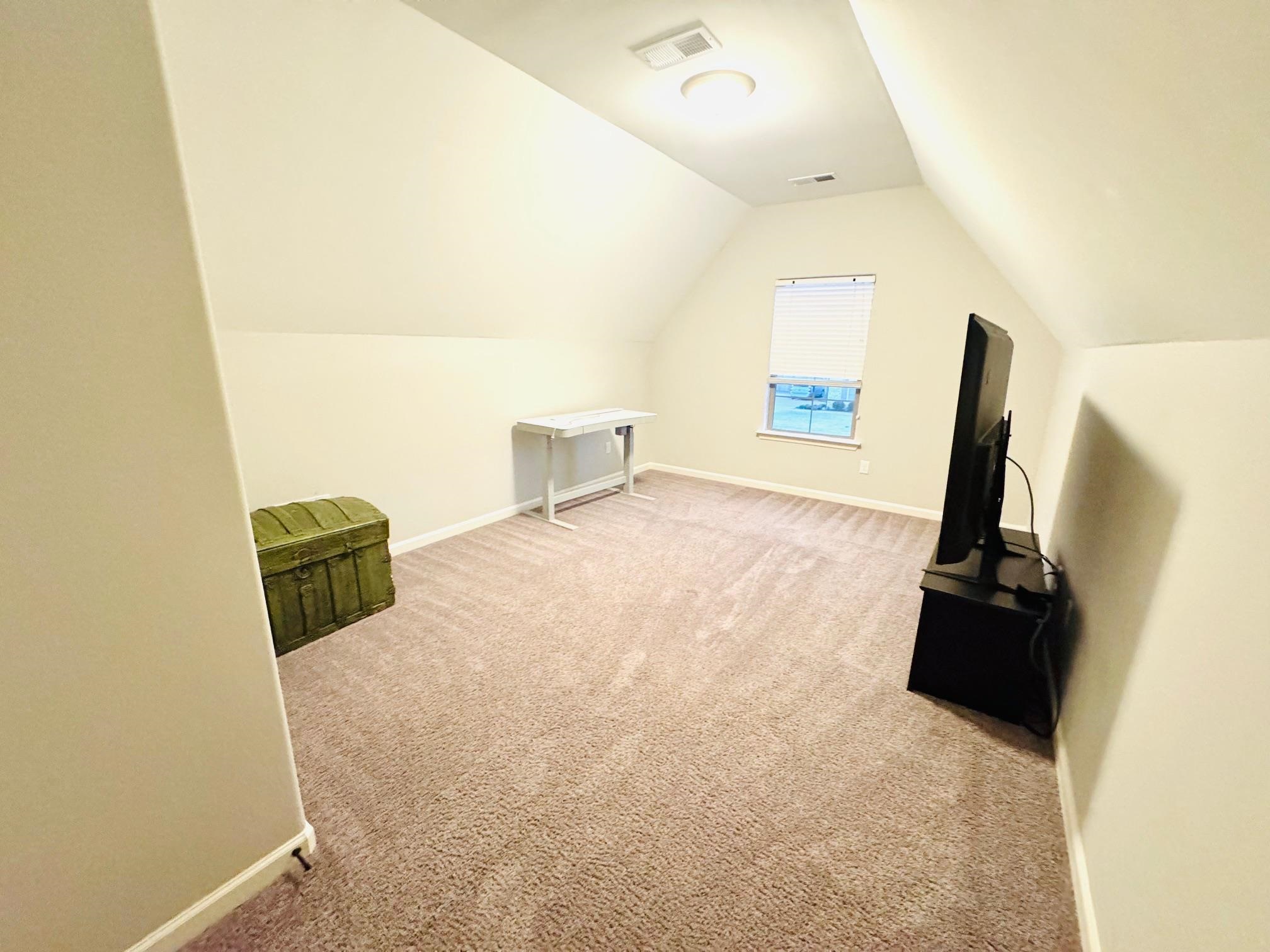 Additional living space featuring carpet flooring and vaulted ceiling