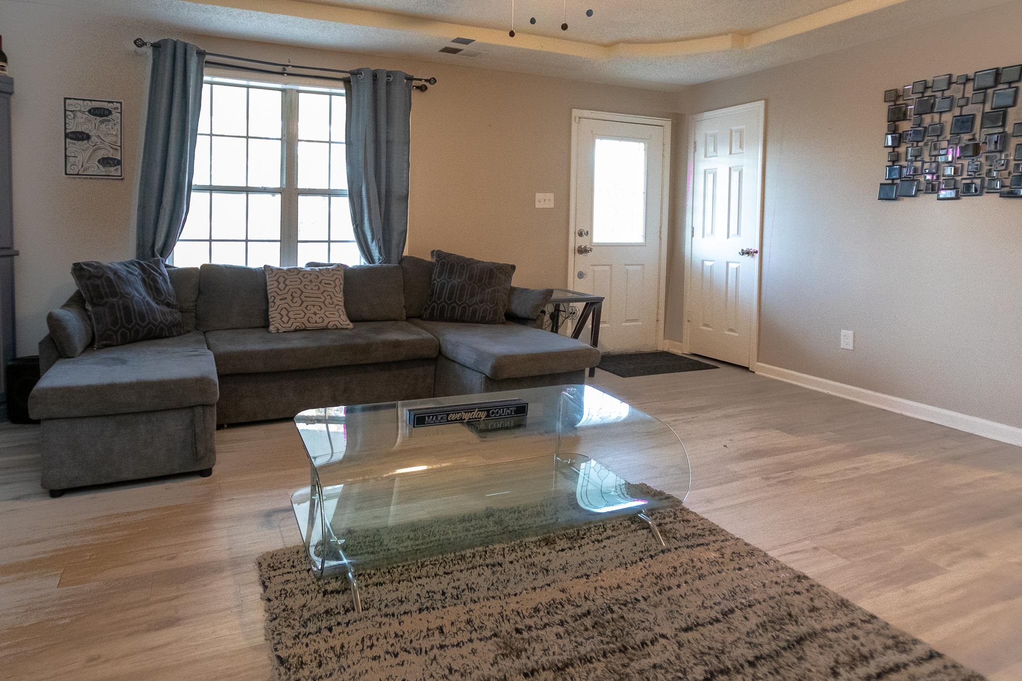 Living room with a raised ceiling, light hardwood / wood-style flooring, and plenty of natural light