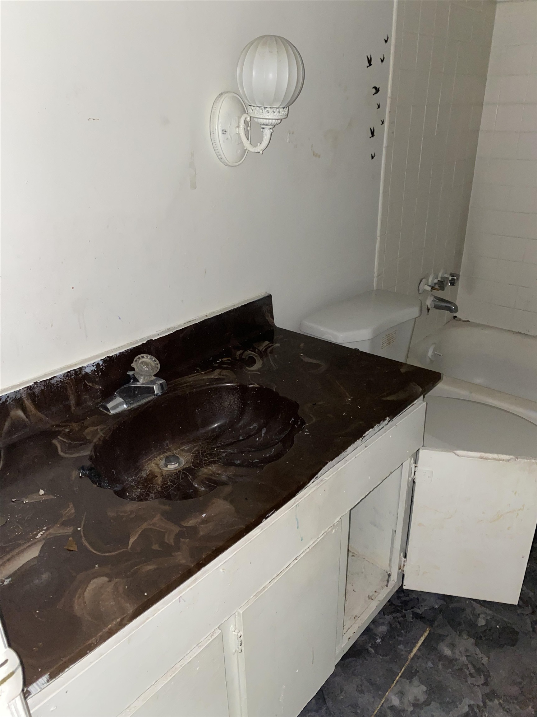 Full bathroom with vanity, toilet, and tiled shower / bath combo