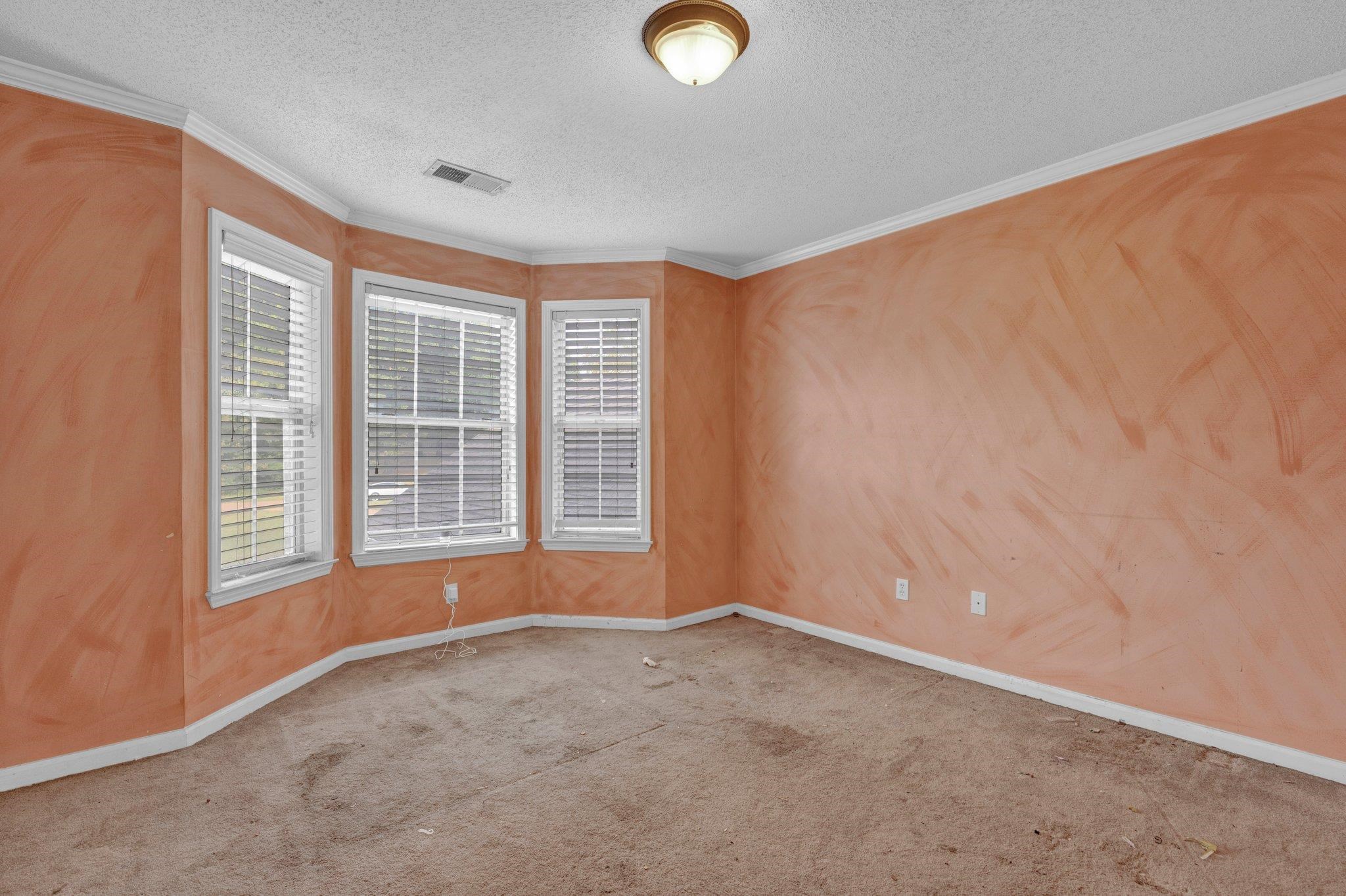 Unfurnished room featuring light carpet, a textured ceiling, and ornamental molding