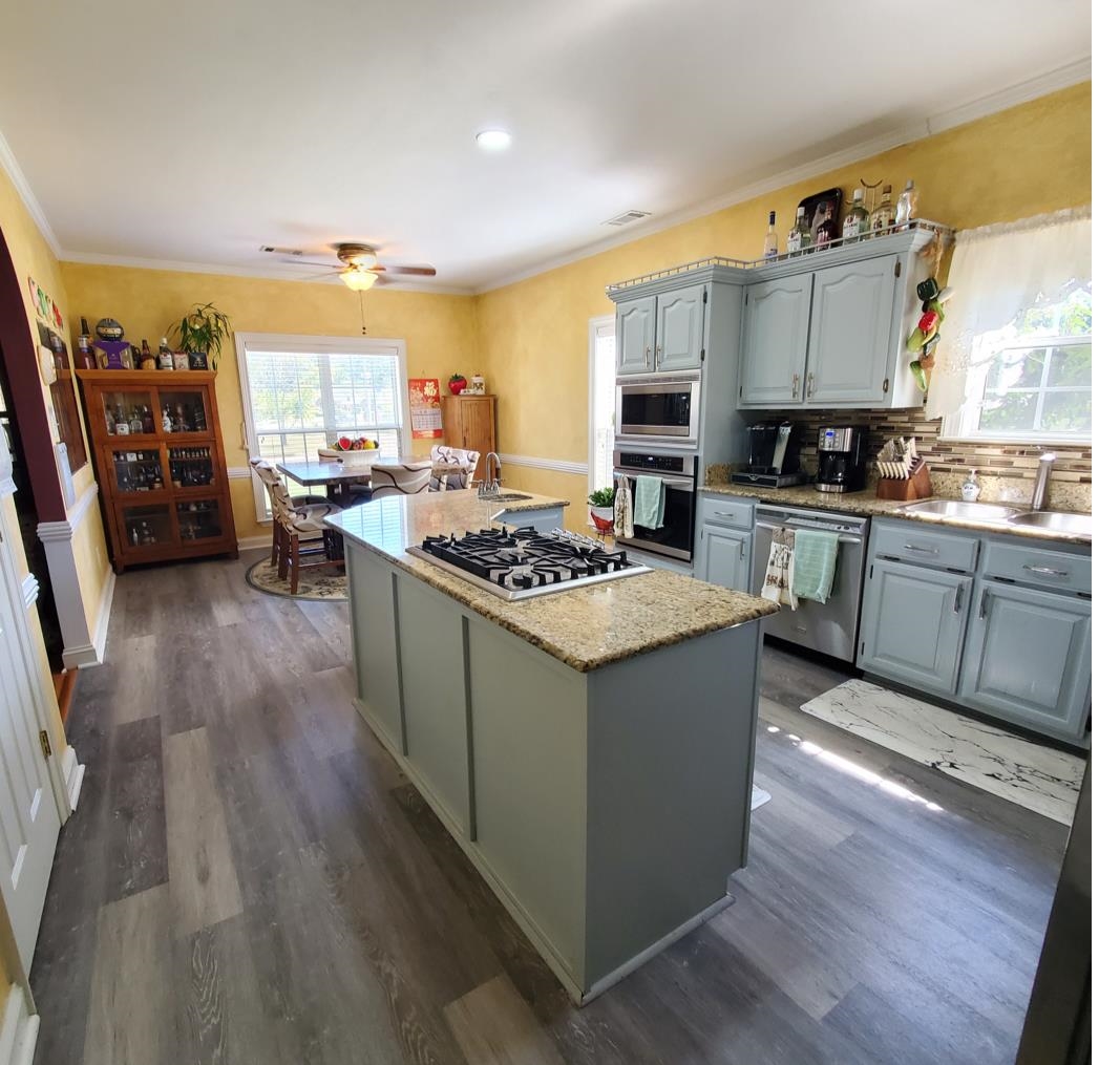 Kitchen with stainless steel appliances, dark hardwood / wood-style flooring, sink, ceiling fan, and a center island