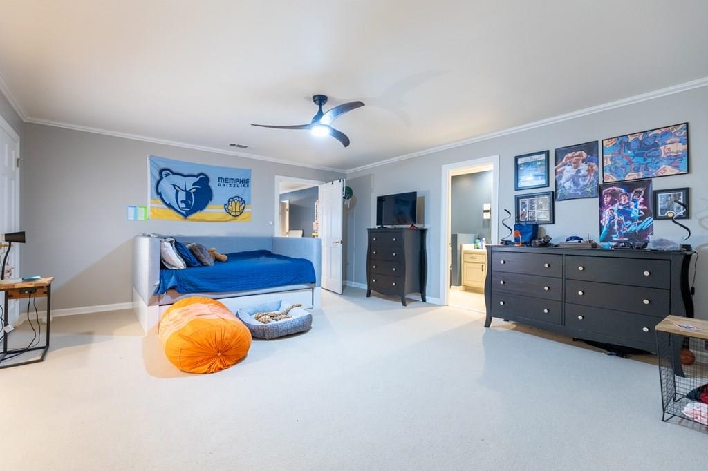 Carpeted bedroom featuring ceiling fan, ensuite bath, and ornamental molding