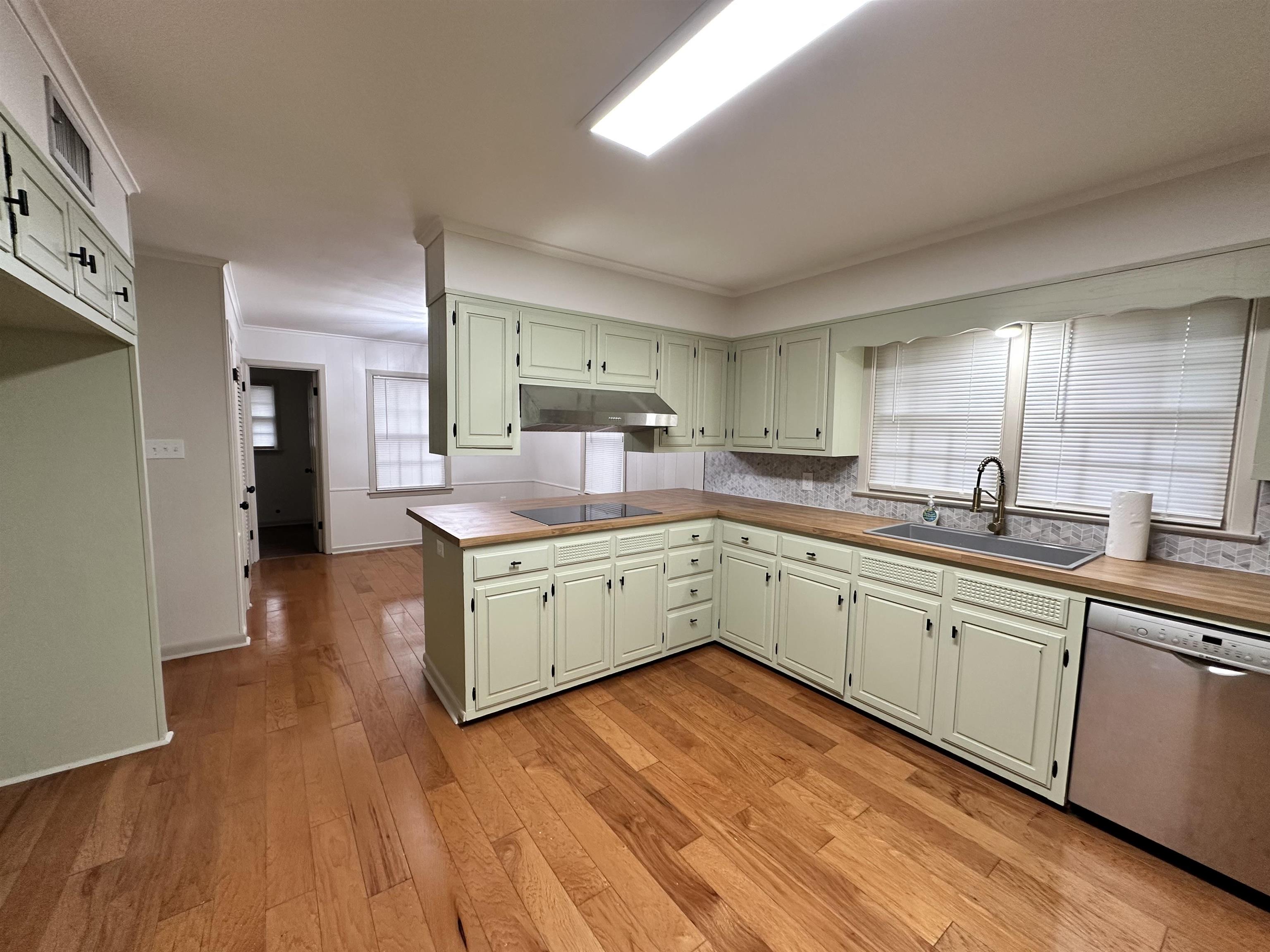 Kitchen featuring black electric cooktop, sink, stainless steel dishwasher, a wealth of natural light, and light wood-type flooring