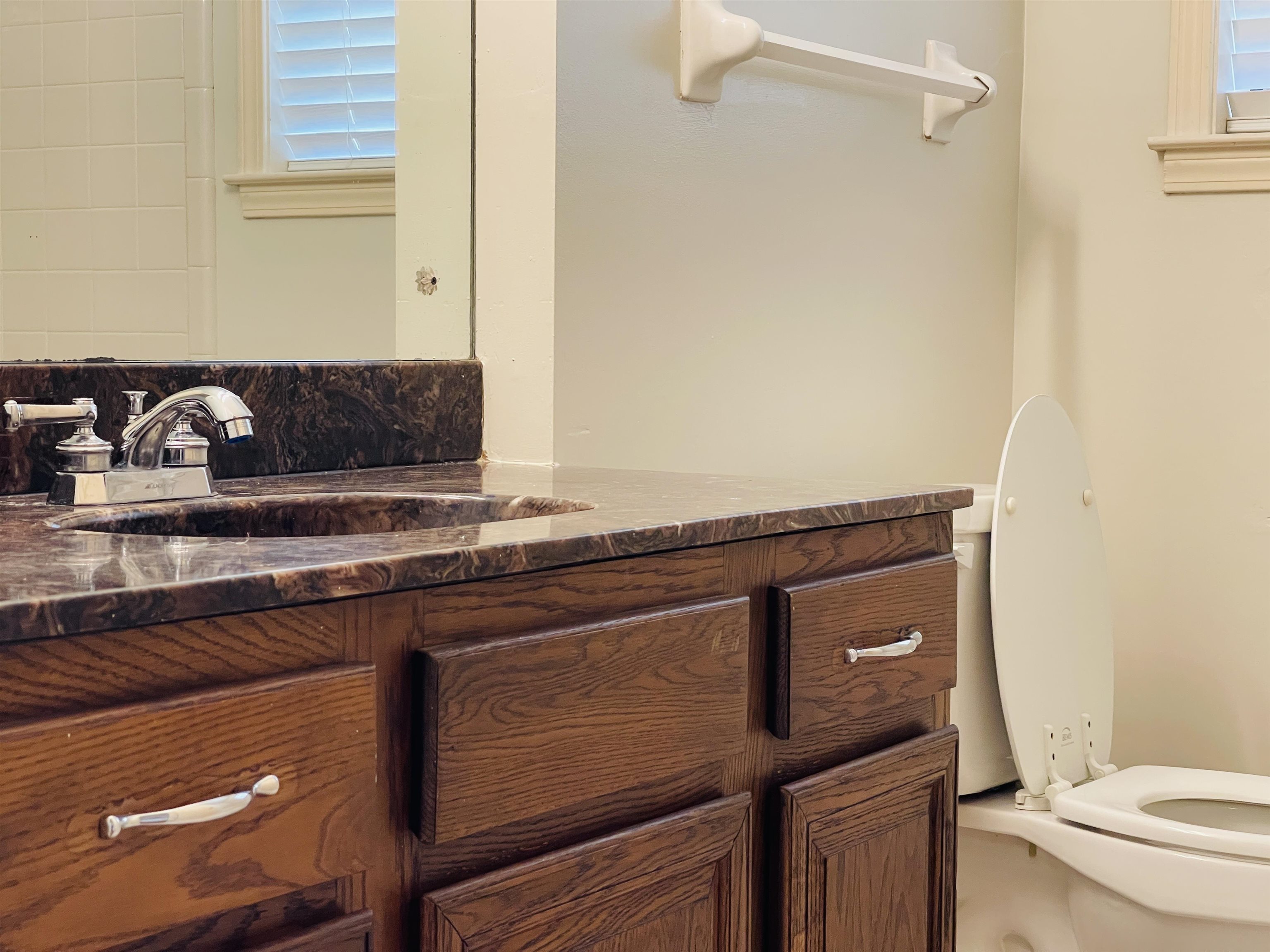 Bathroom featuring vanity, toilet, and decorative backsplash