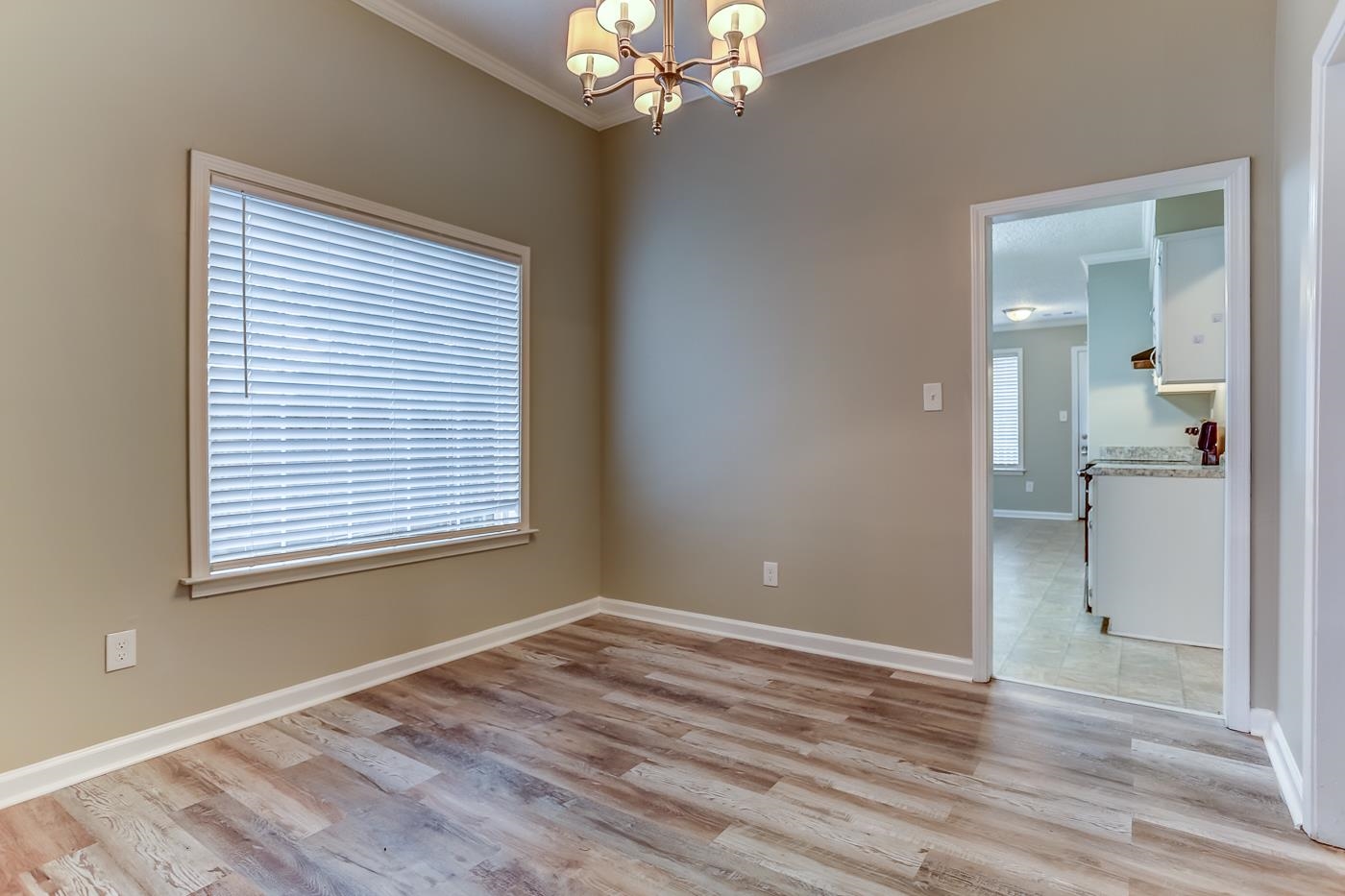 Empty room with light hardwood / wood-style floors, a chandelier, plenty of natural light, and ornamental molding