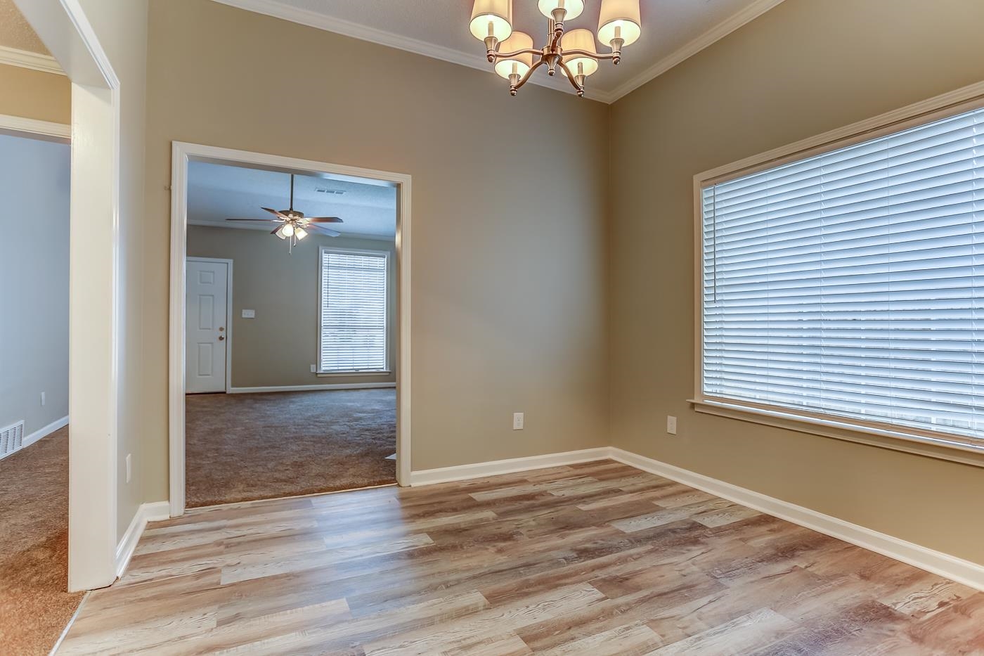 Unfurnished room with ceiling fan with notable chandelier, light hardwood / wood-style floors, and crown molding