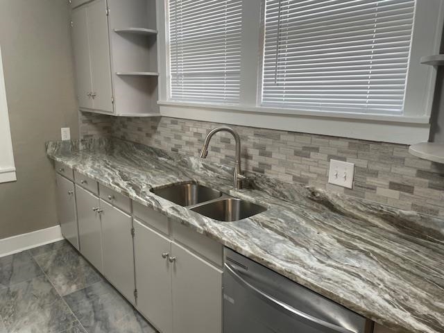 Kitchen with white cabinets, dishwasher, and sink