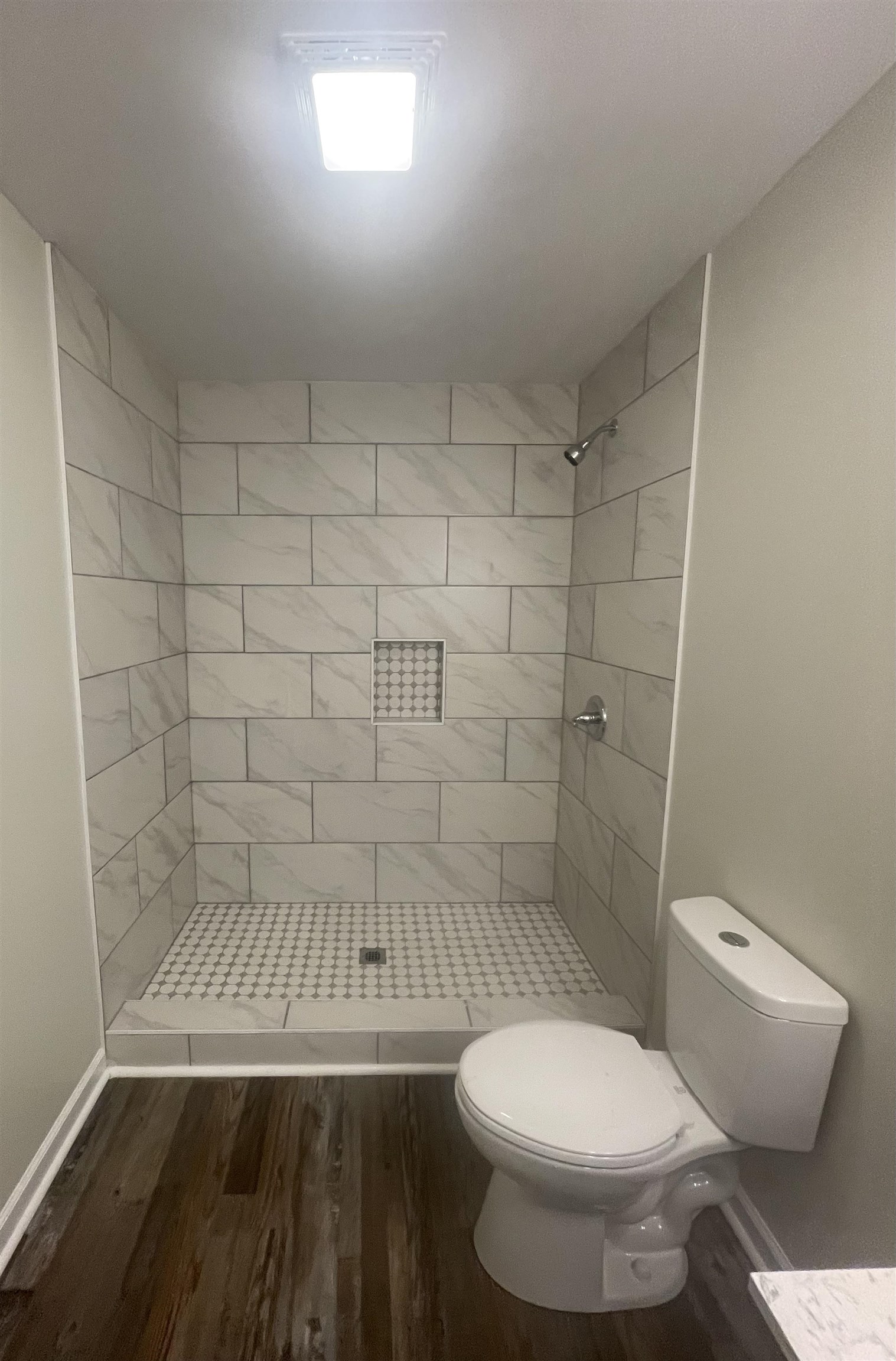 Bathroom with tiled shower, toilet, and hardwood / wood-style flooring