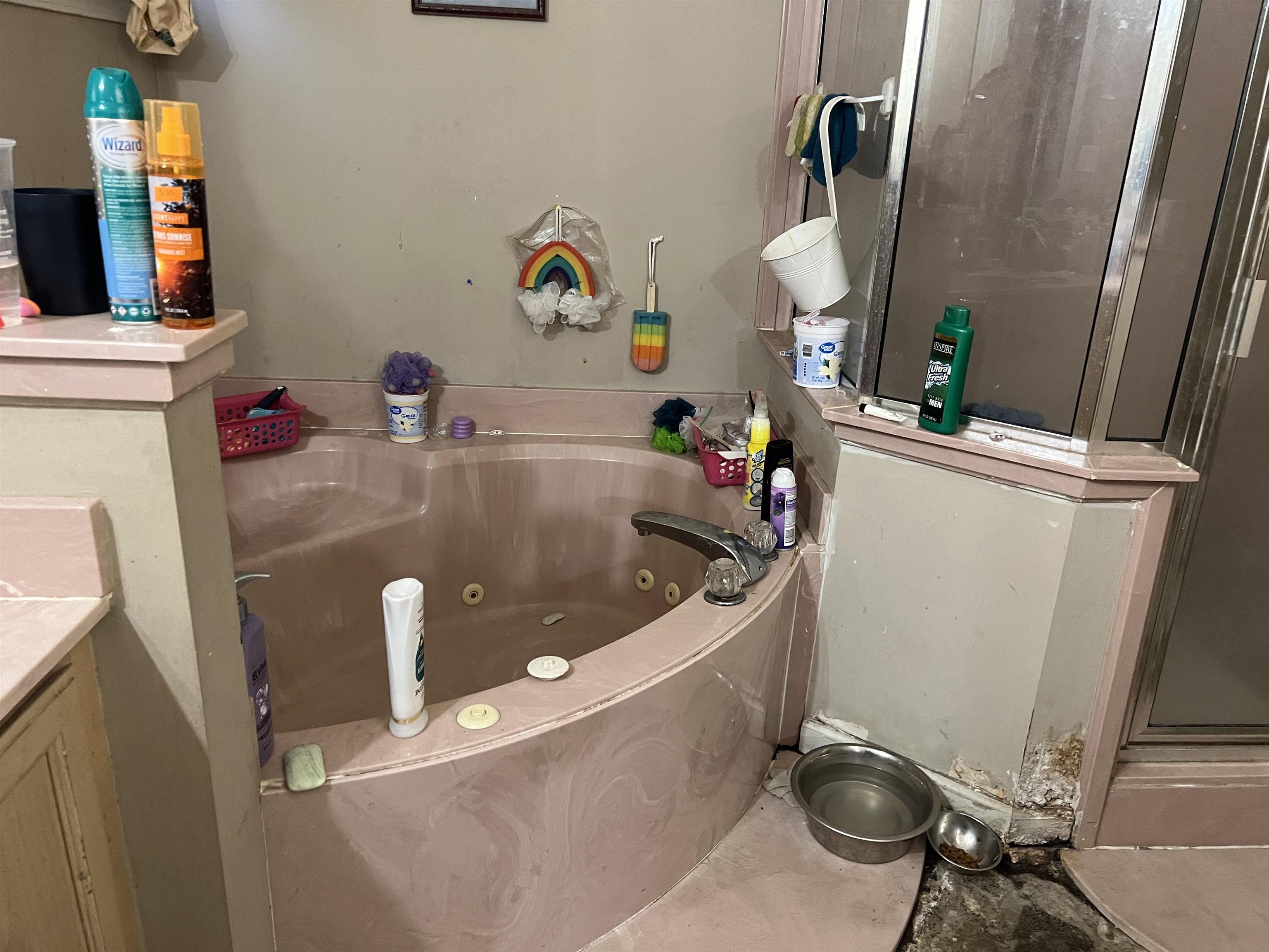 Bathroom with vanity, concrete flooring, and plus walk in shower