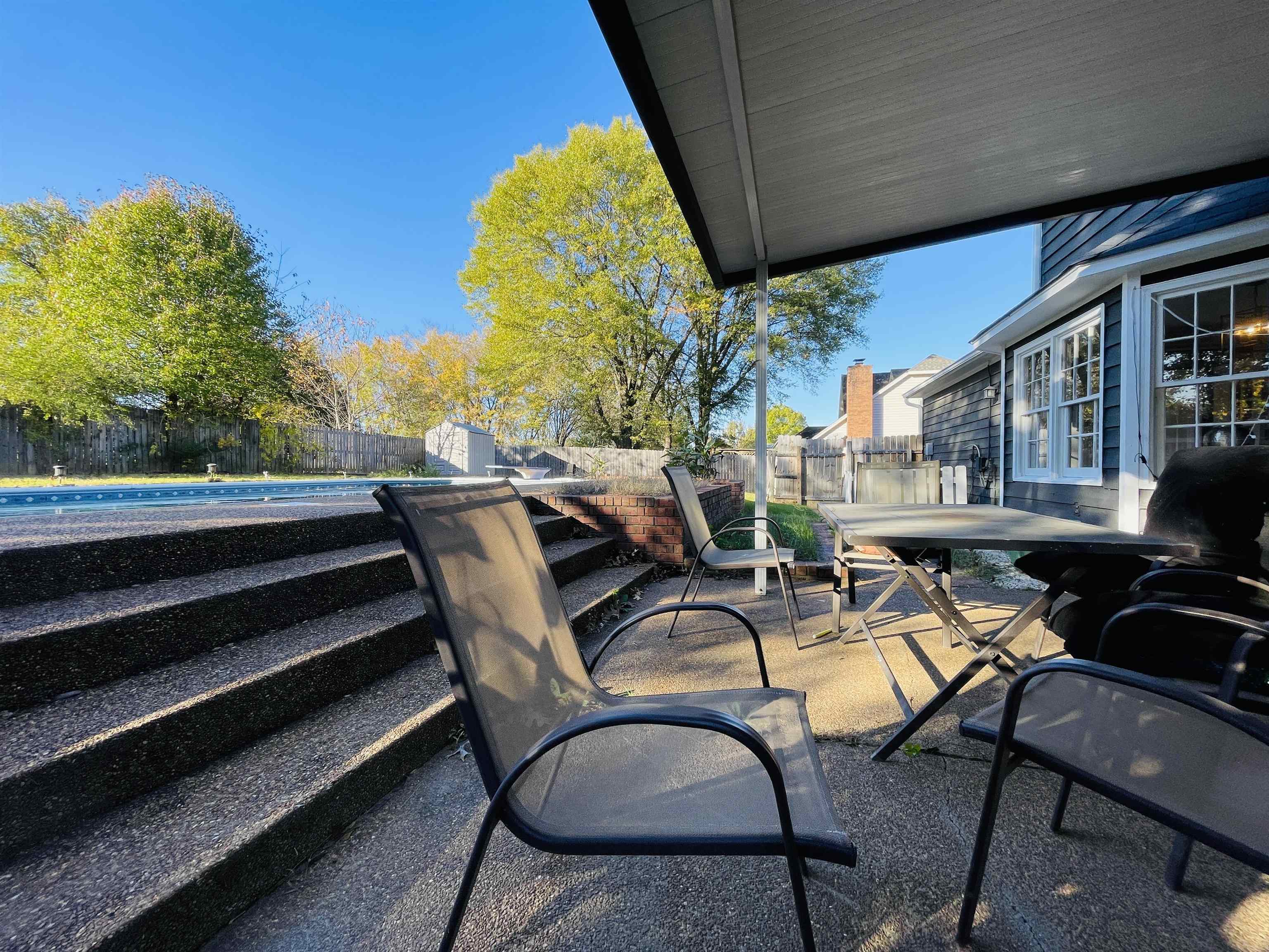 View of patio with a fenced in pool