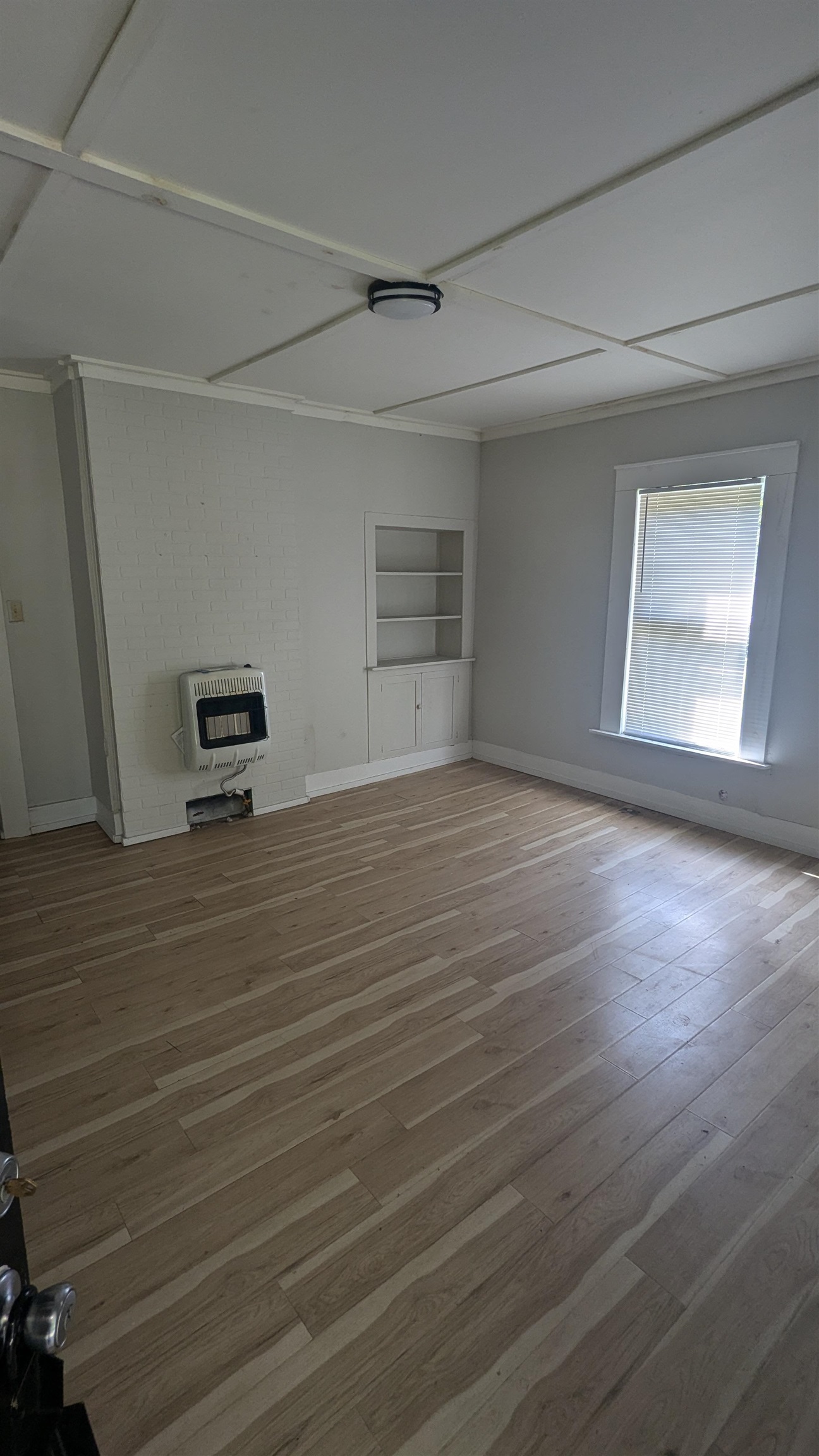 Empty room featuring hardwood / wood-style floors, built in features, ornamental molding, and heating unit