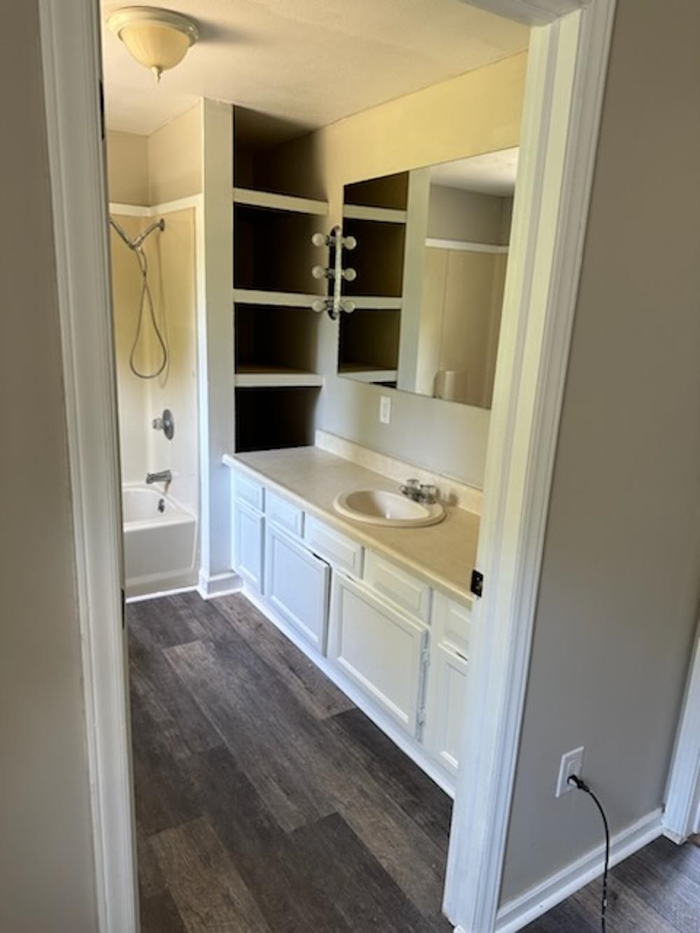 Bathroom featuring vanity, hardwood / wood-style flooring, and shower / bathtub combination