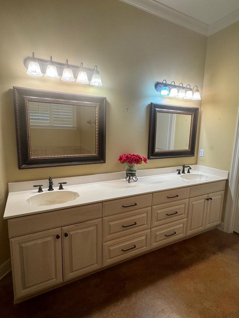 Bathroom featuring vanity and crown molding
