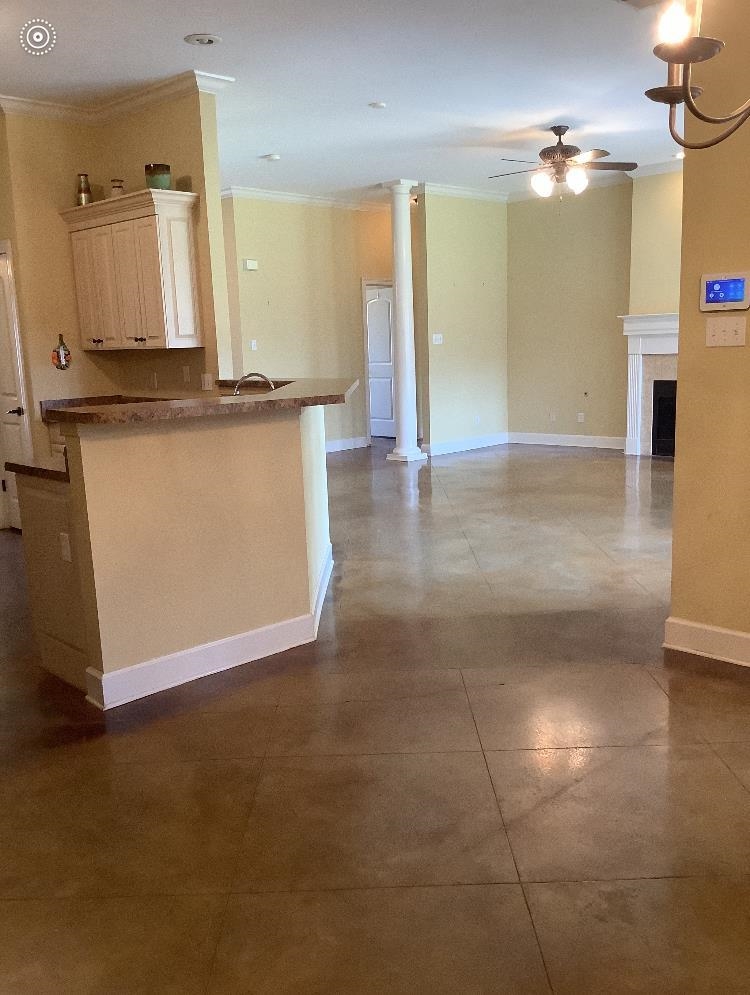 Kitchen with ceiling fan and ornamental molding