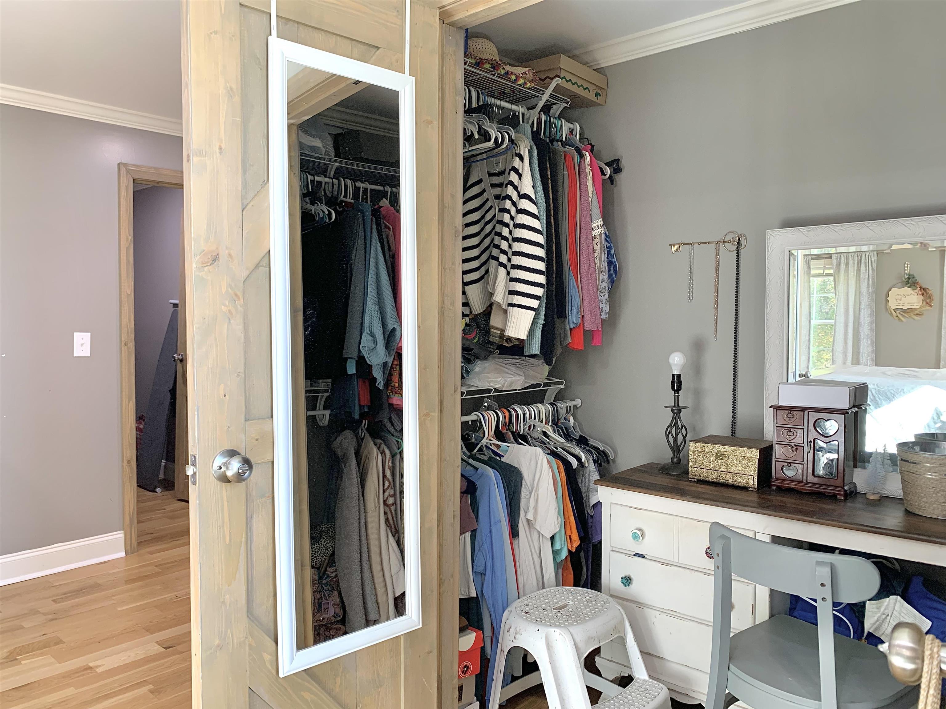 Walk in closet with light wood-type flooring