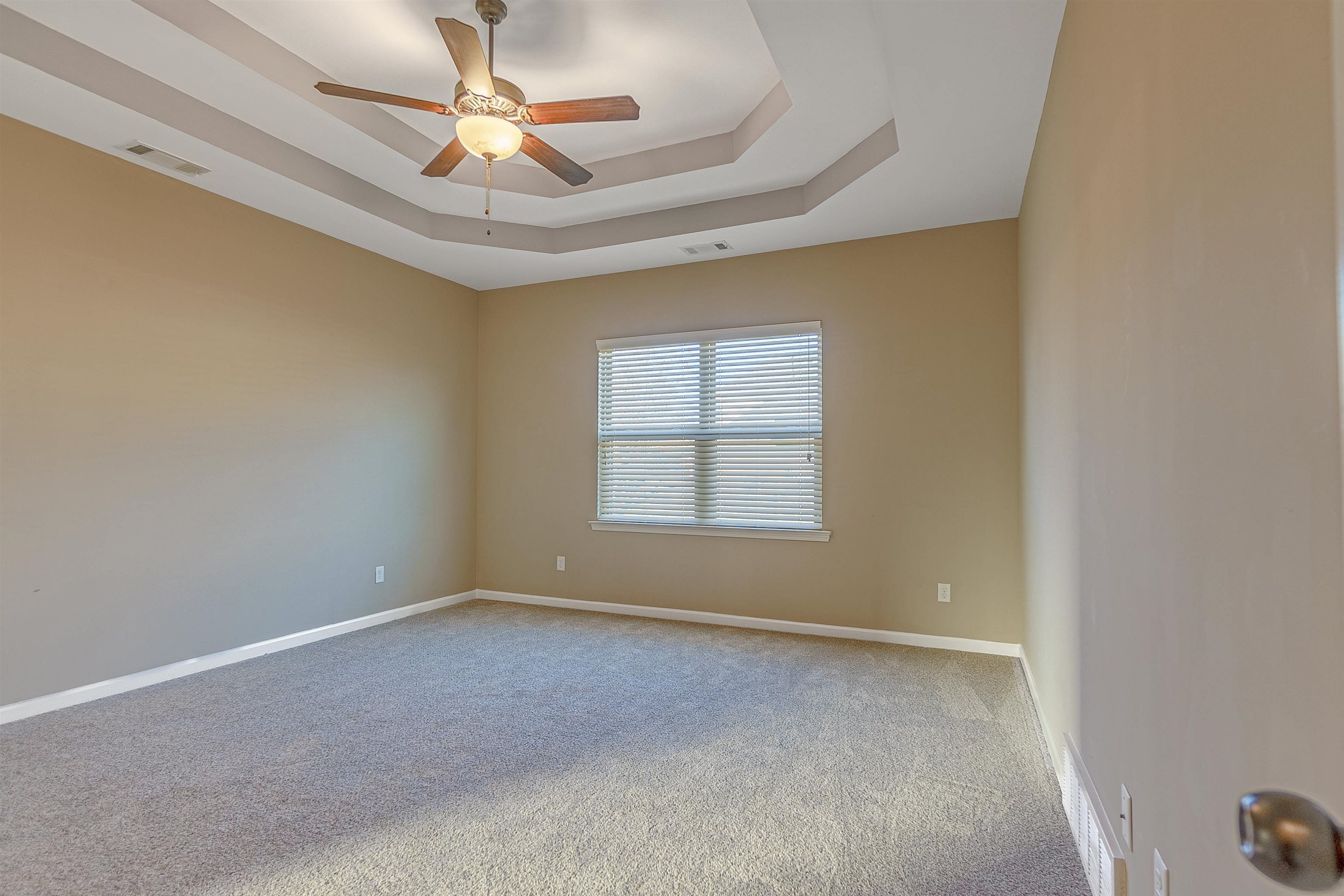 Spare room featuring carpet flooring, ceiling fan, and a raised ceiling