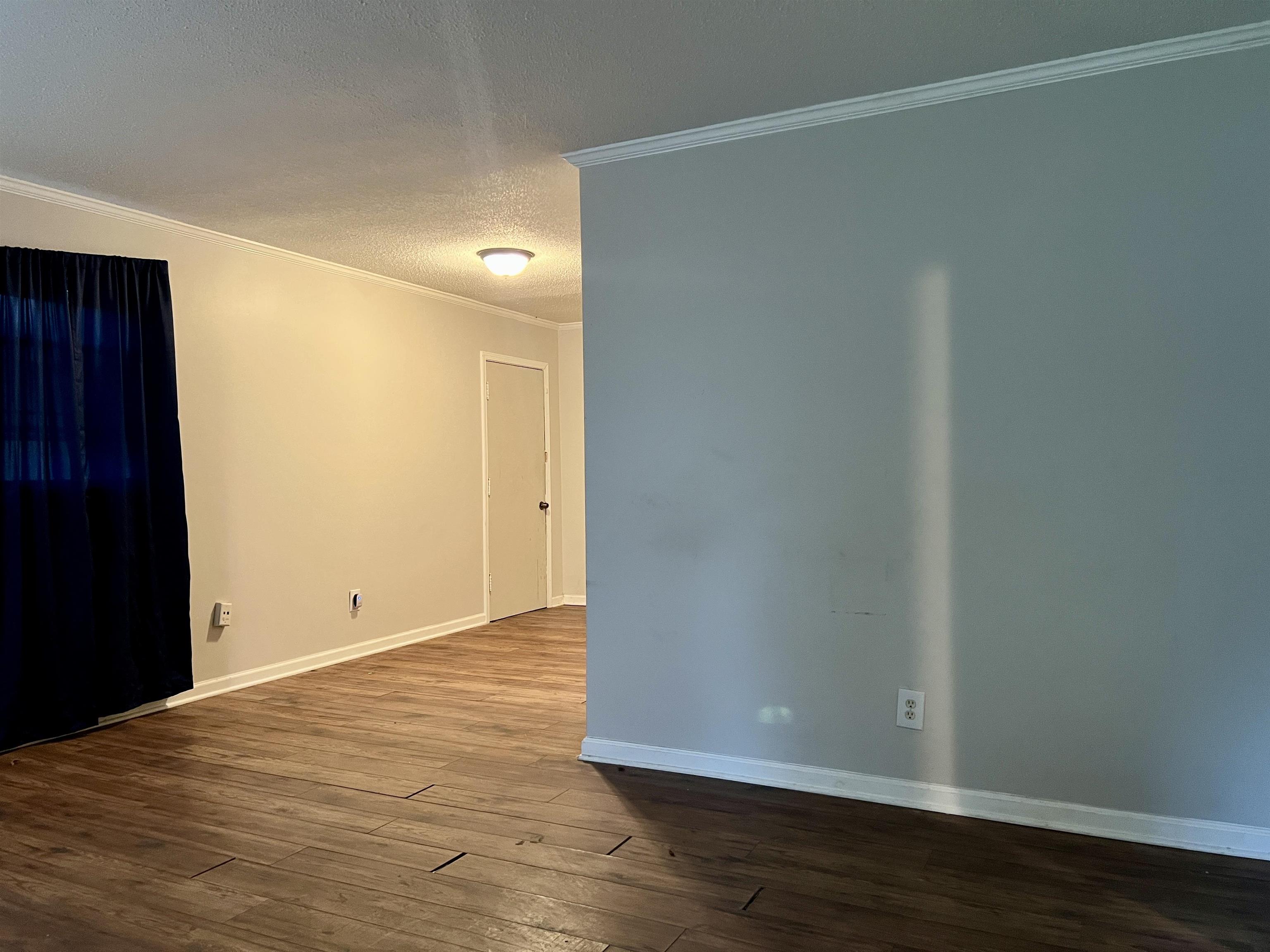 Unfurnished room featuring wood-type flooring, a textured ceiling, and ornamental molding