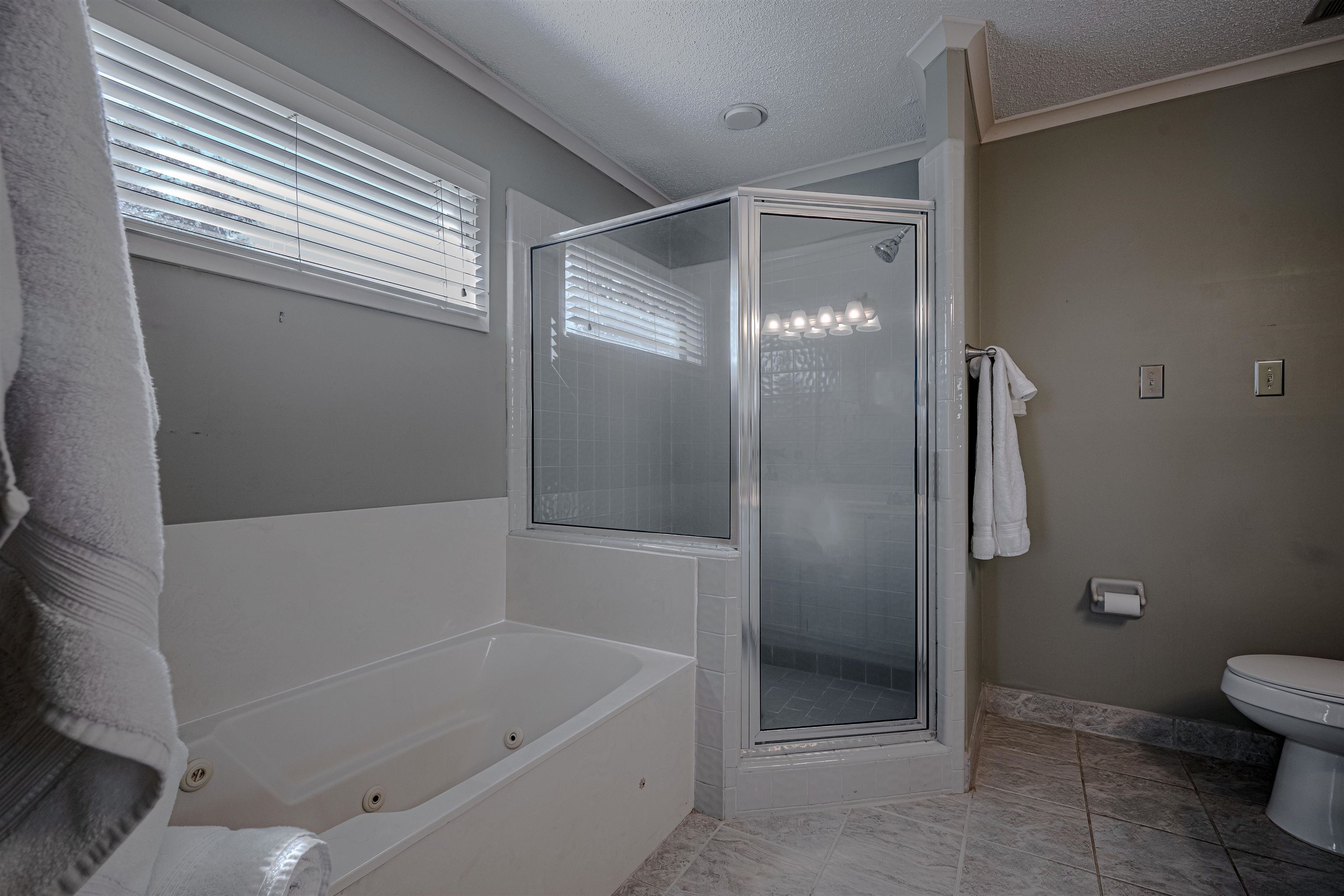 Bathroom with tile patterned floors, a textured ceiling, crown molding, independent shower and bath, and toilet