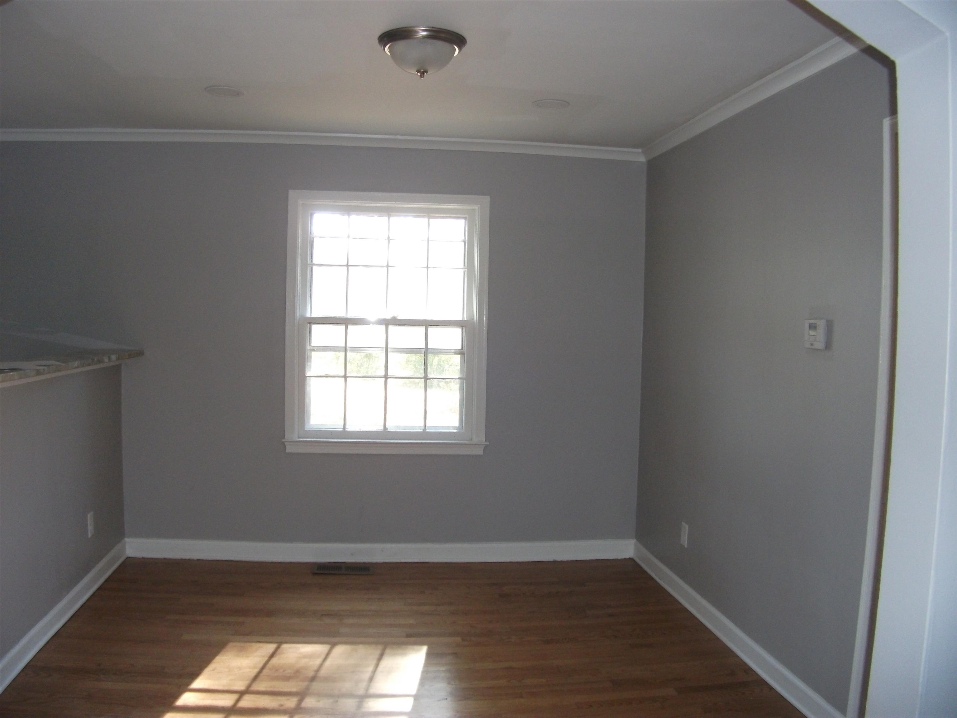 Empty room featuring ornamental molding and dark wood-type flooring