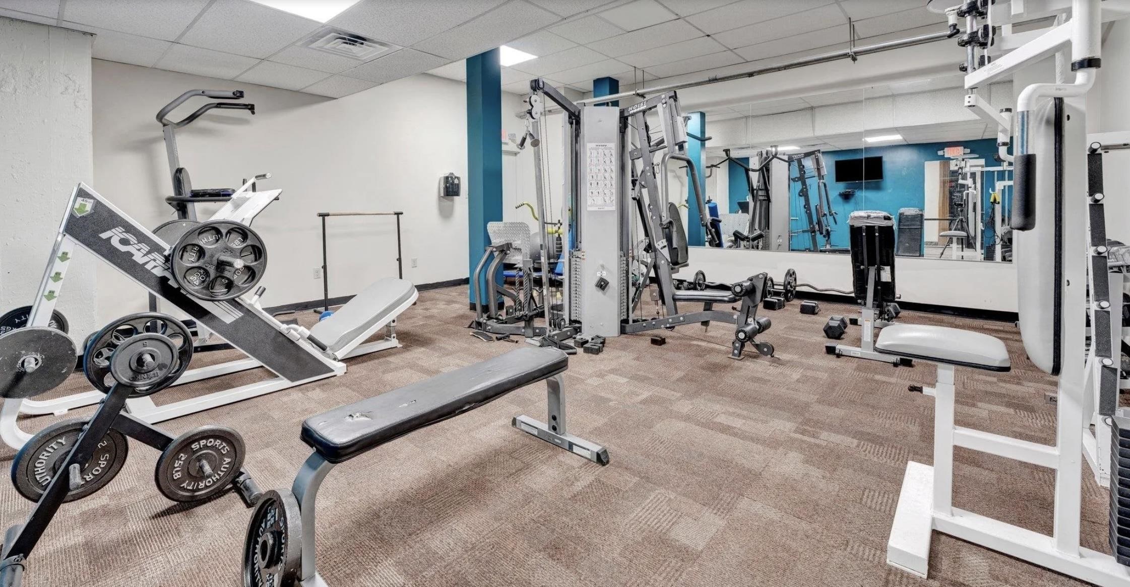 Exercise room featuring a paneled ceiling and carpet