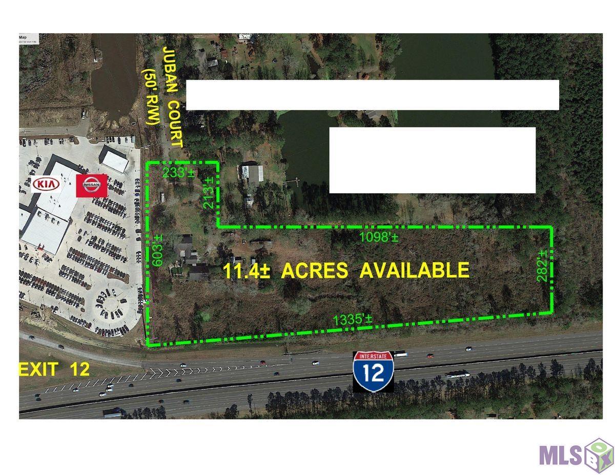 Approximately 11.4+- acres located adjacent to All Star Kia Nissan Car dealership at Juban Crossing. From Juban Road head east on Cassle Road to Juban Court; Right on Juban Ct to site. Site has excellent Interstate 12 visibility with over 1,300 feet of frontage along Interstate 12. Contact Listing Agent for additional details and information.
