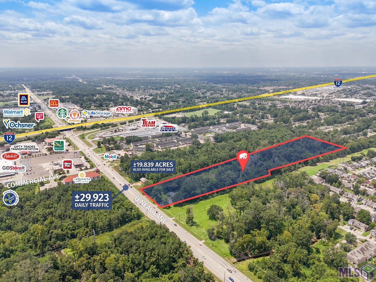 Now available for sale, this expansive ±12.93-acre property located at 1444 O'Neal Ln in Baton Rouge offers an unparalleled opportunity for mixed-use development. Positioned just ±0.3 mile north of I-12 and within walking distance of the Ochsner Medical Center, this site is one of the last large tracts available for development in the area.  The property boasts approximately ±220.50 feet of frontage along highly traveled O'Neal Ln ±29,923 daily traffic), providing excellent potential for visibility and access. It is zoned C1 (Light Commercial) and B (Transition), allowing for a wide range of development possibilities from retail outlets to residential complexes.  The southern border is a ±19.839-acre lot, also available for sale, with multifamily developments and residential neighborhoods bordering the northern and western sides, ensuring a steady flow of potential customers and residents.  The O'Neal Lane corridor in Baton Rouge is a strong retail and residential-based submarket with many strong brands including Walmart Supercenter, Aldi, AMC Theatres, Starbucks, Walgreens, McDonald's, Ochsner Medical Center Baton Rouge (Hospital with 150 beds), Take 5 Oil Change, and many more.  An existing structure on the property is included at no additional value.  • Just ±0.3 mile north of I-12 and Ochsner Medical Center (150 beds) • ±220.50 FT of frontage along highly traveled O'Neal Ln – ±29,923 Daily Traffic • Adjacent ±19.839-acre lot also available for sale, opportunity for up to ±32.77 acres • Corridor is a strong retail and residential-based submarket with strong national brands  View Sale Brochure at https://buildout.com/connect/sharing/prime-development-opportunity-13-acre-site-at-i12-1444-oneal-ln-baton-rouge-la-70816?file=3393510  Contact Peter Laville at 225-276-7561 for more information.